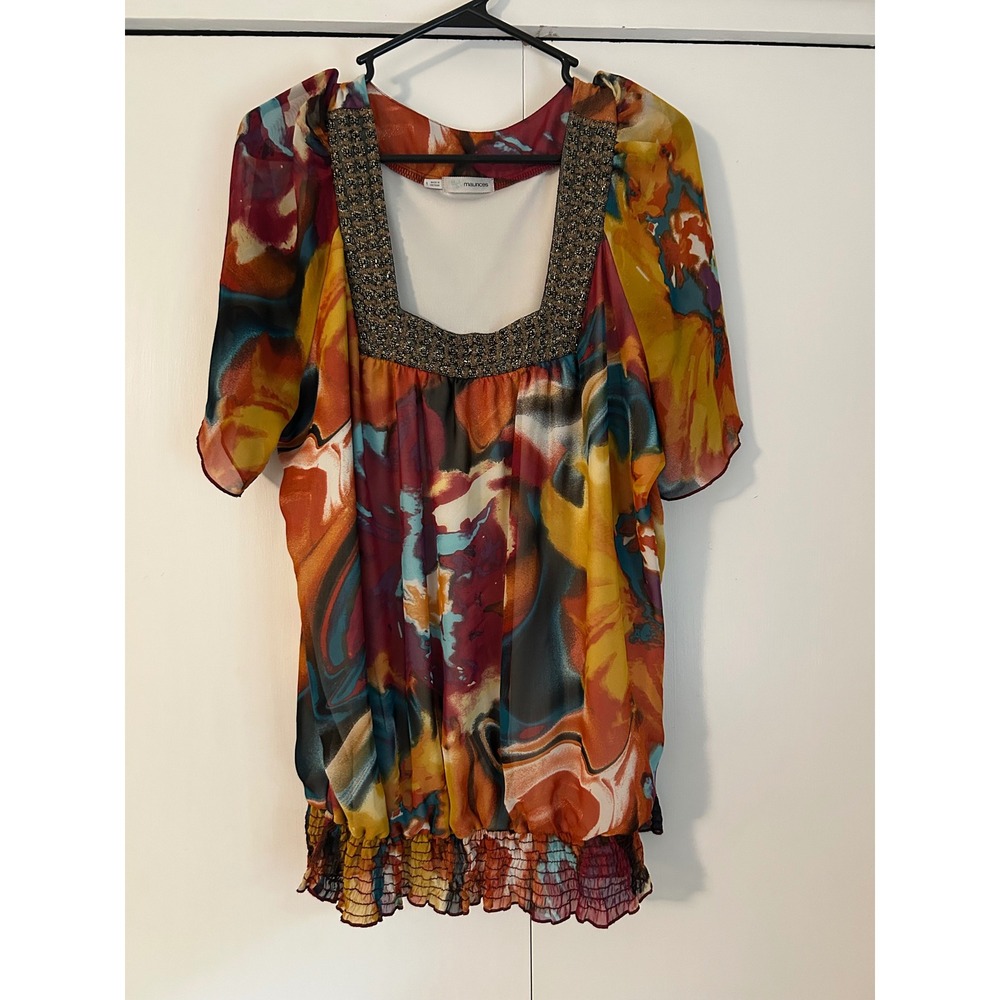 Maurices Women Abstract Floral Chiffon Blouse Beaded Square Neck Smocked Hem 1